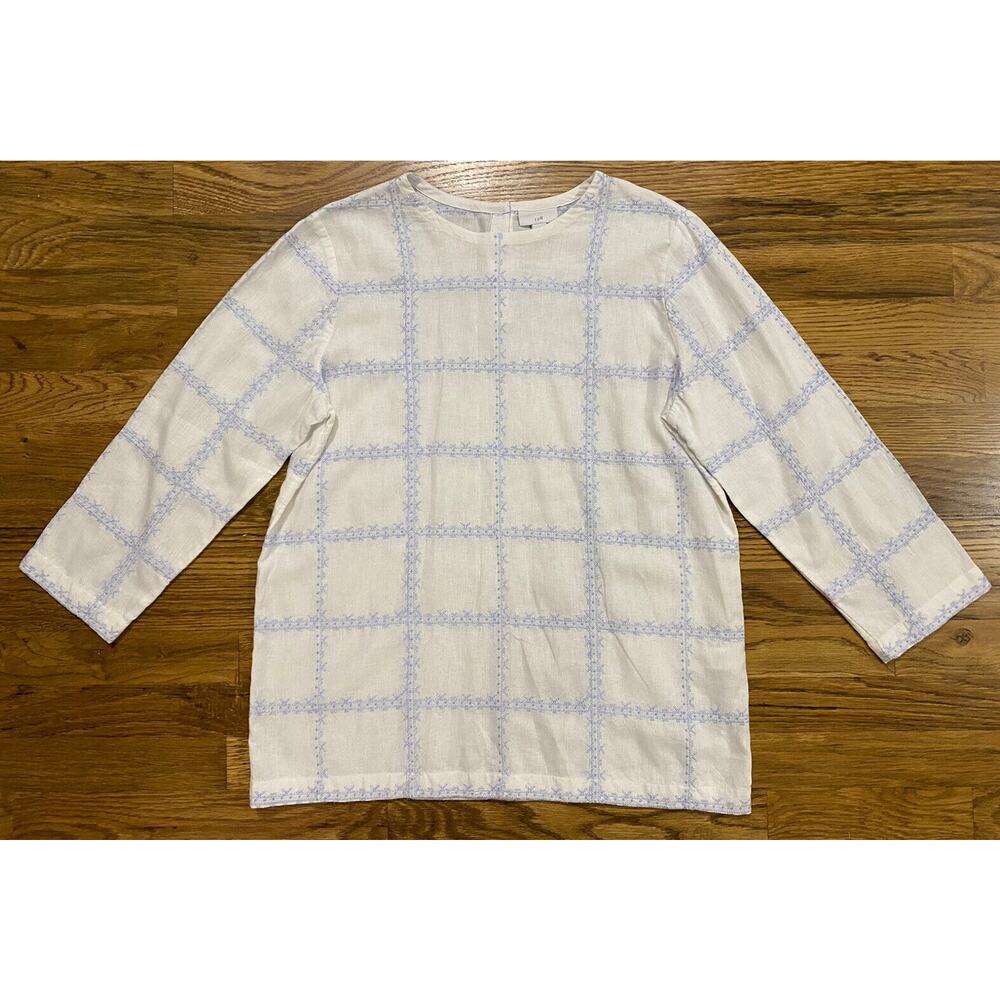 J Jill Linen blend Blouse w/Blue Embroidery Small TALL Beautiful Ladies Top!